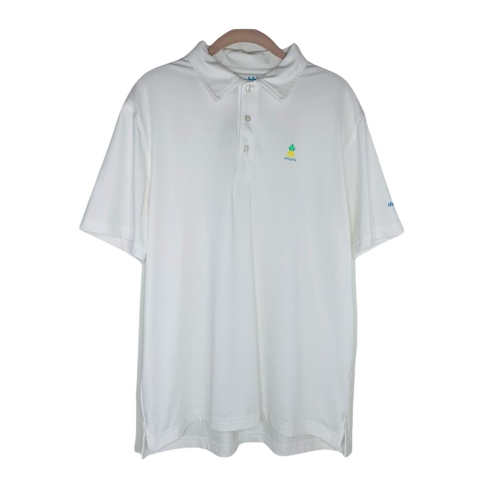 CHUBBIES The Weekend Has Arrived Polo M White 🍍 Logo Performance Golf Shirt EUC